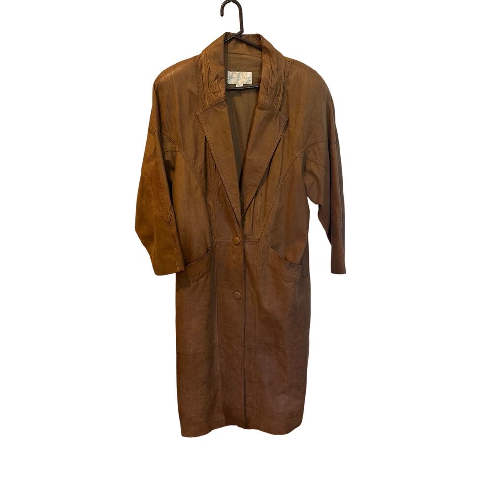 Women’s Michelle Stuart Genuine Leather 90s Brown Trench Coat. Size Medium